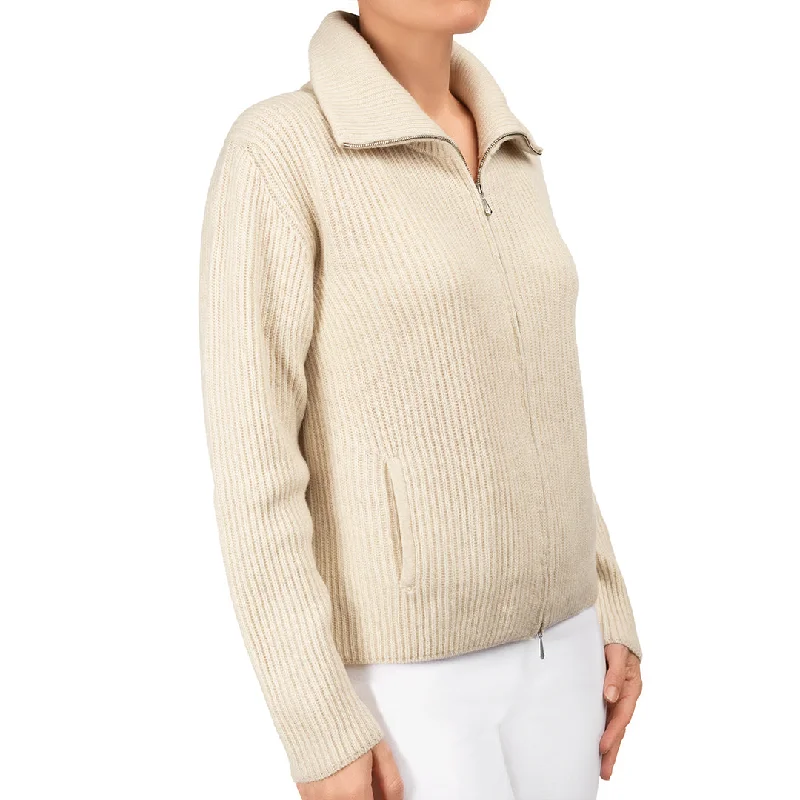 Cashmere & Wool Rib Zip Cardigan in Latte