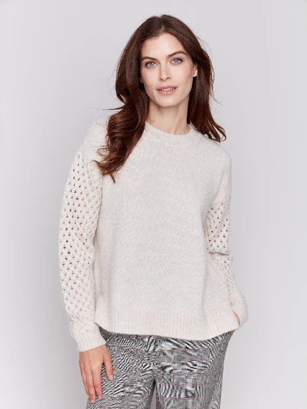 Fishnet Sleeve Crew Neck Sweater - Almond