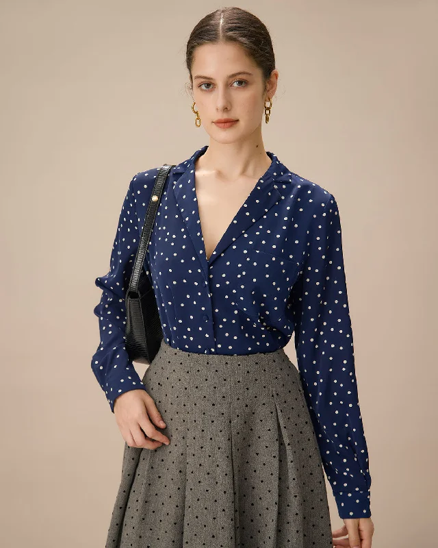 Navy V Neck Polka Dot Pocket Blouse