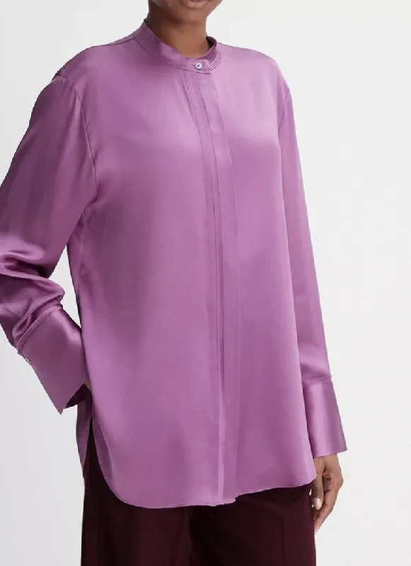 Silk Raw-Edge Band Collar Blouse