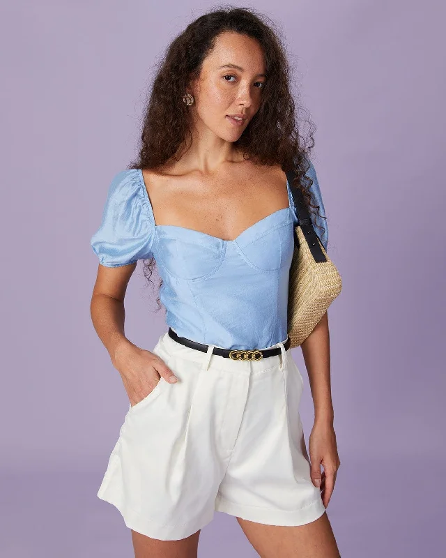 The Blue Sweetheart Neck Puff Sleeve Blouse