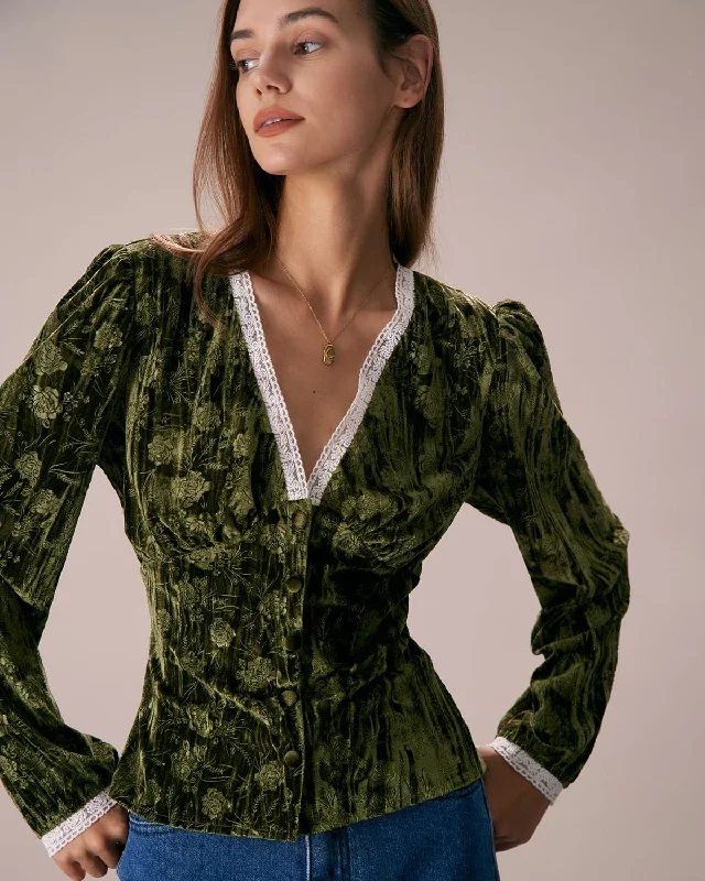 The Green V Neck Lace Floral Velvet Blouse