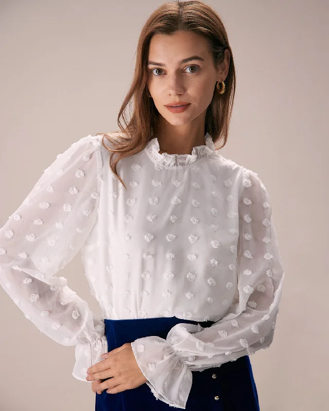 The White Mock Neck Dobby Sheer Blouse